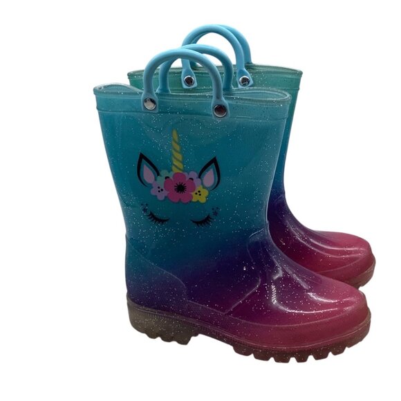 JOSMO Kids Unicorn Glitter Ombre Rain Boots Handles Size 8 Blue Pink Light Up - Picture 1 of 7